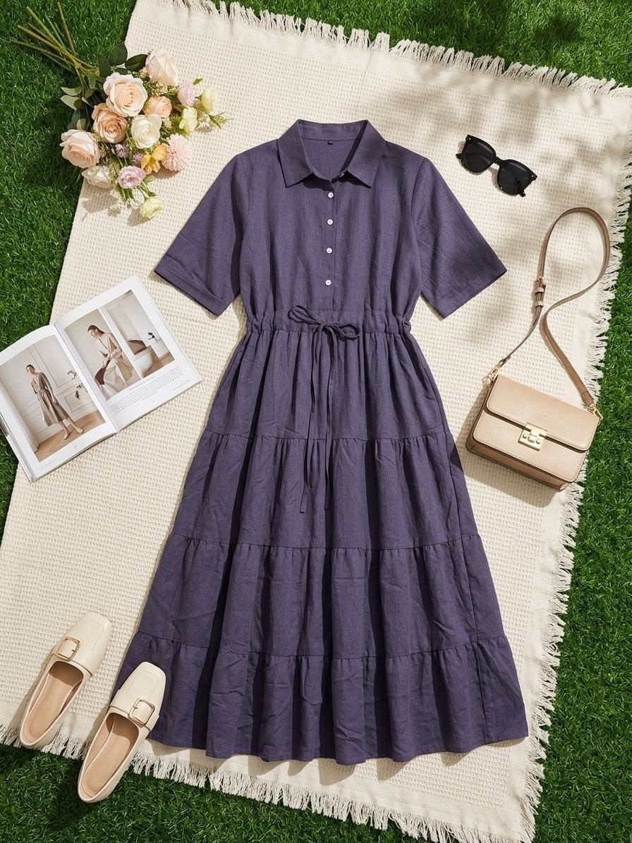 Tiered Shirt Dress with Cinched Drawstring Waist